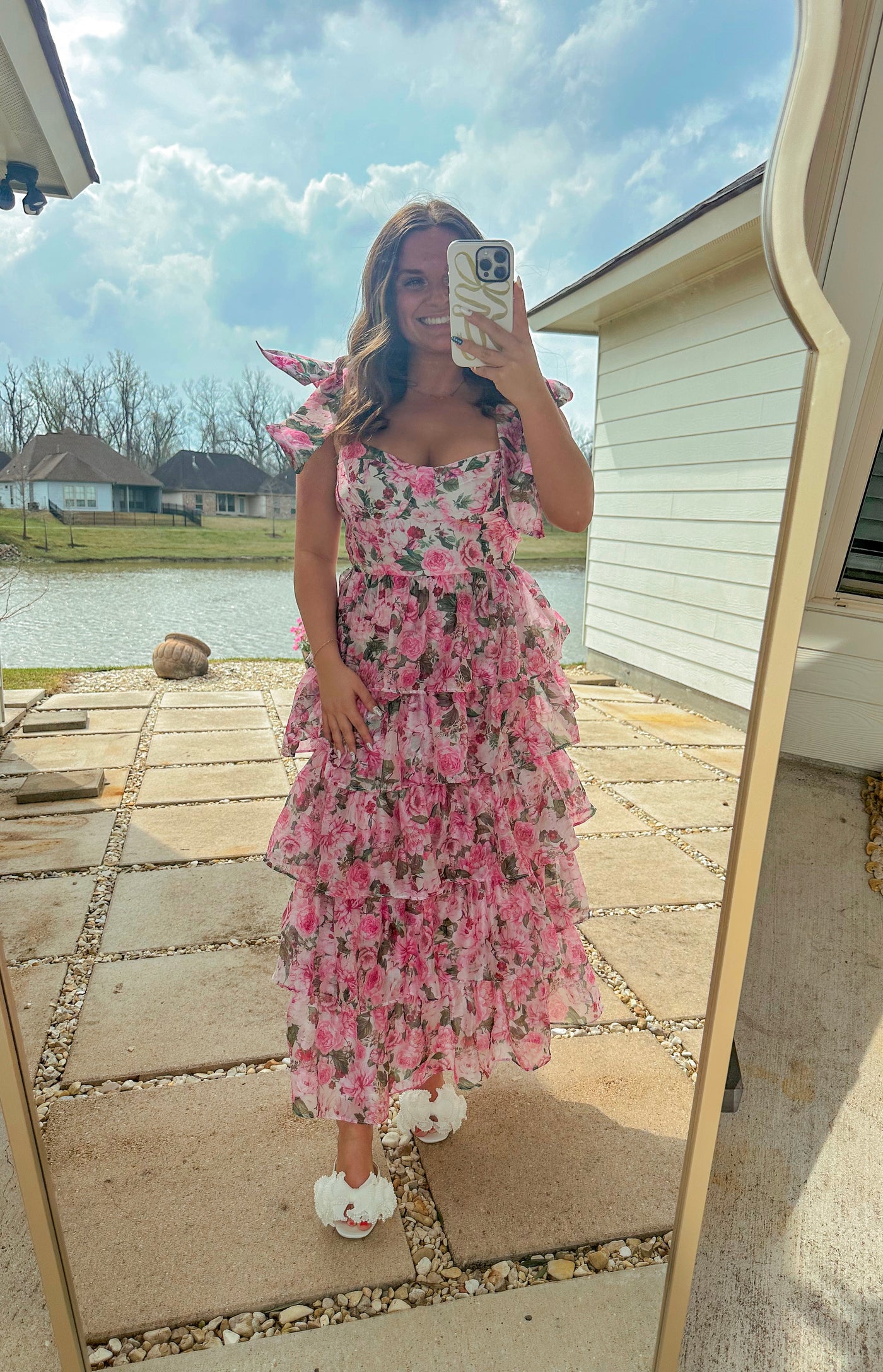 pink floral tiered midi dress Pink Sleeveless Tiered Ruffle Floral Maxi Dress