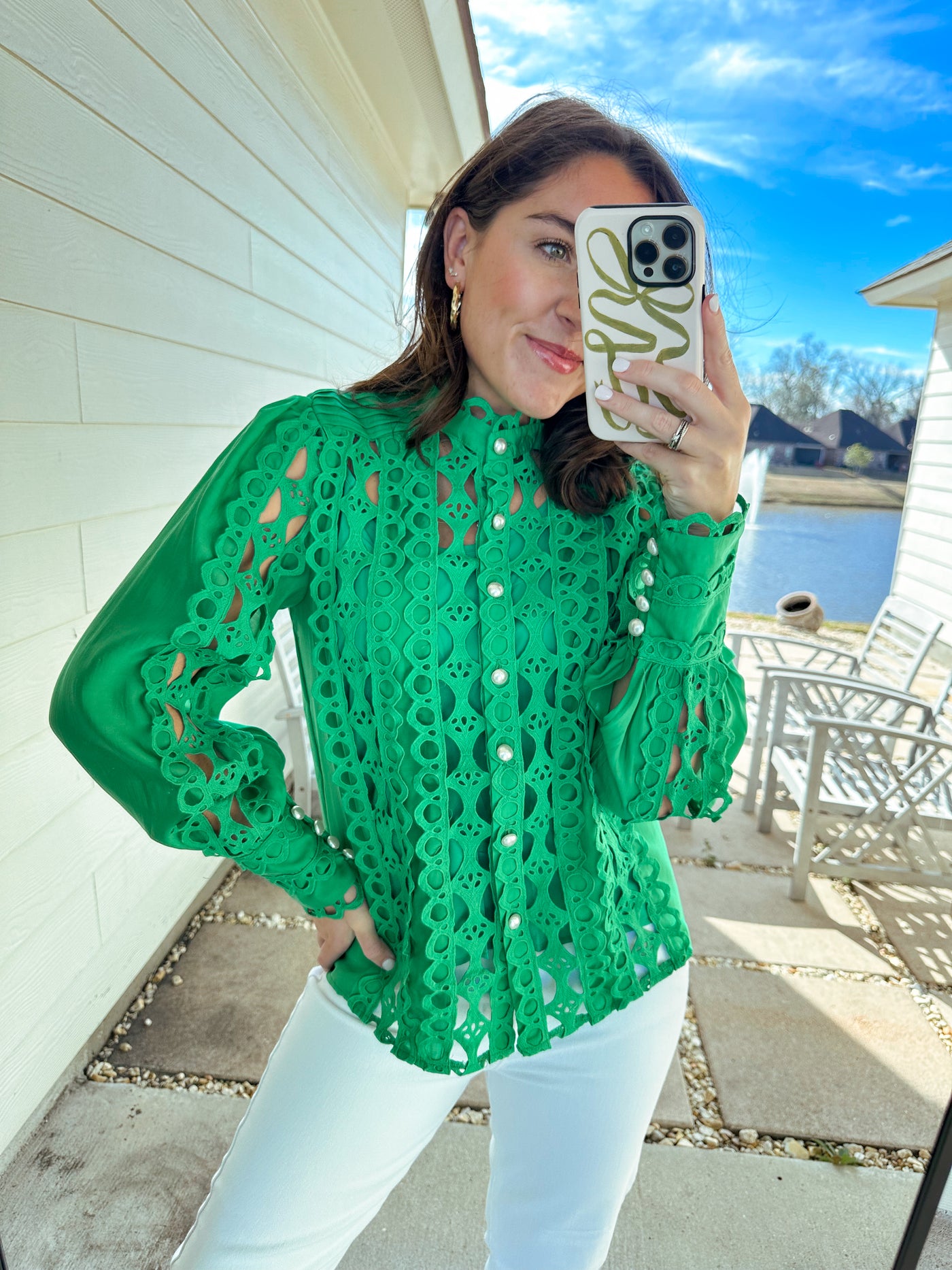 Lace Detail Long Sleeve Top - Green