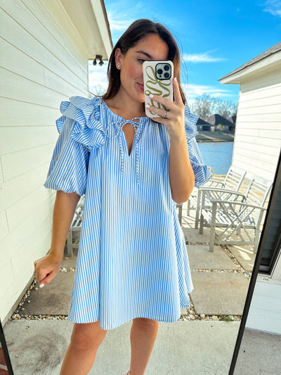 Striped Puff Sleeve Mini Dress - Blue/White