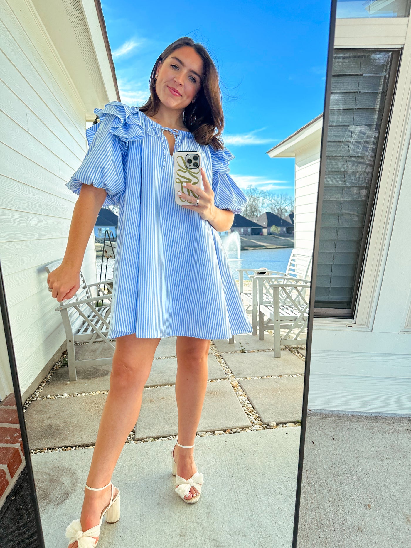 Striped Puff Sleeve Mini Dress - Blue/White