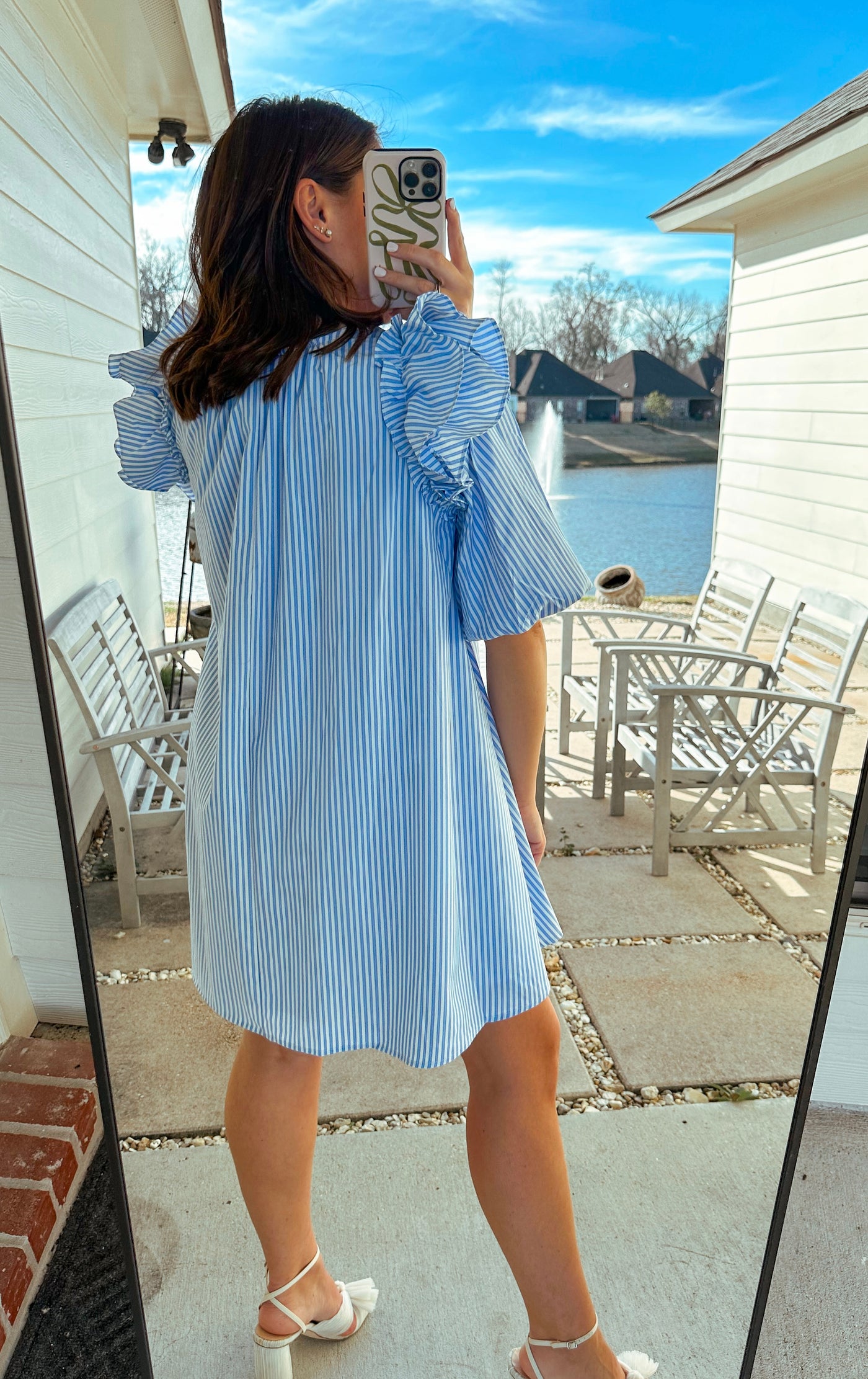 Striped Puff Sleeve Mini Dress - Blue/White