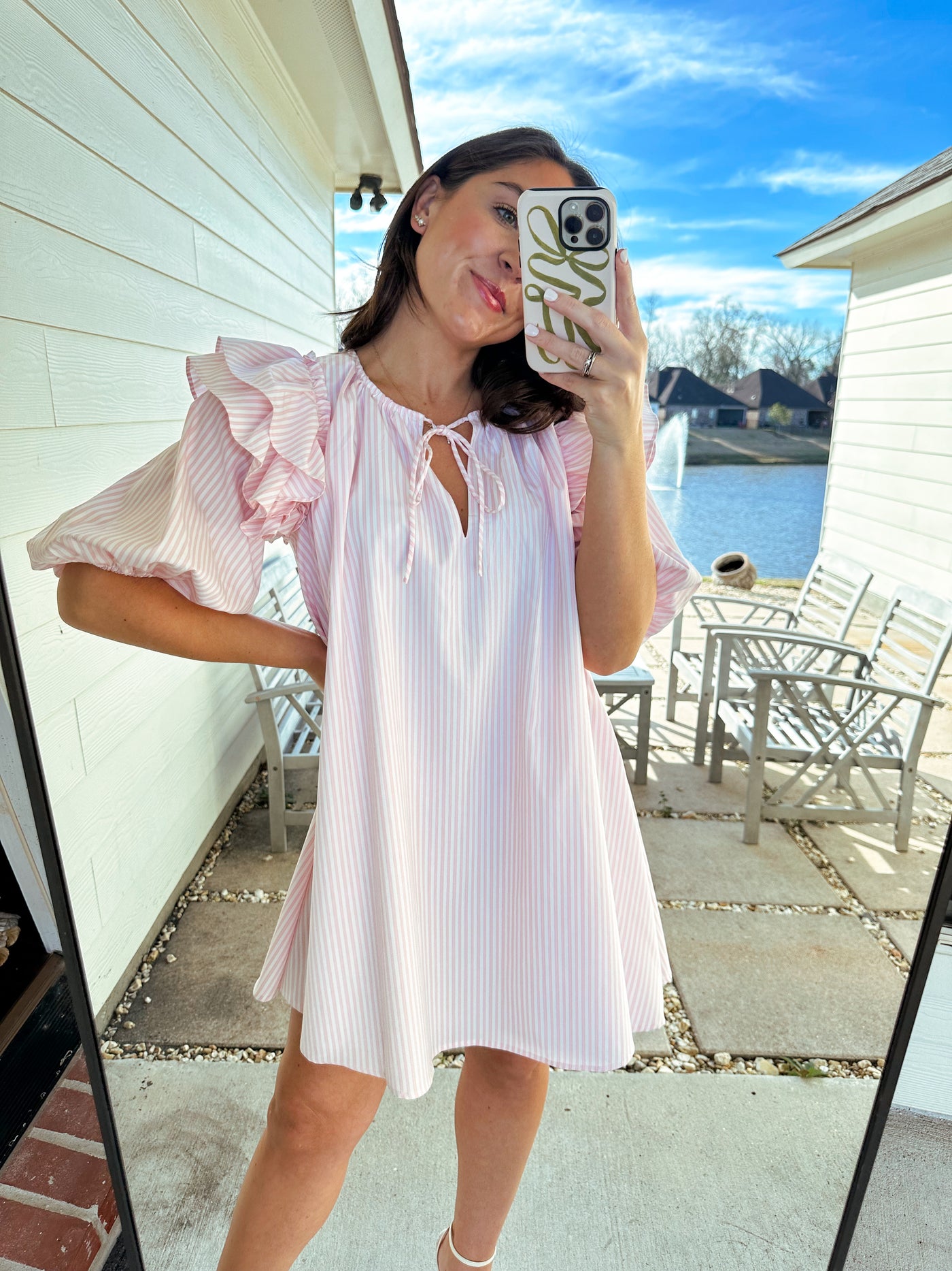 Striped Puff Sleeve Mini Dress - Pink/White