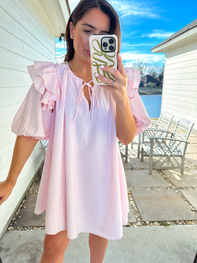 Striped Puff Sleeve Mini Dress - Pink/White