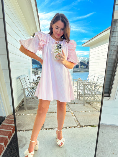 Striped Puff Sleeve Mini Dress - Pink/White