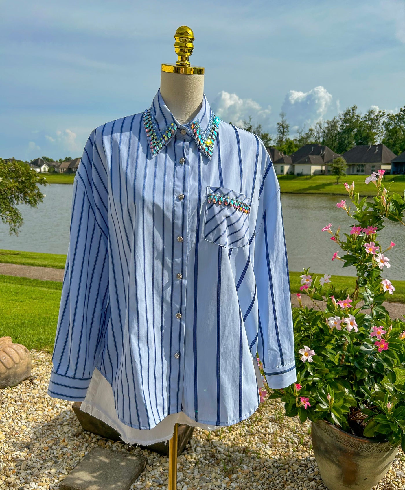 Rhinestoned Blouse - Blue Stripe