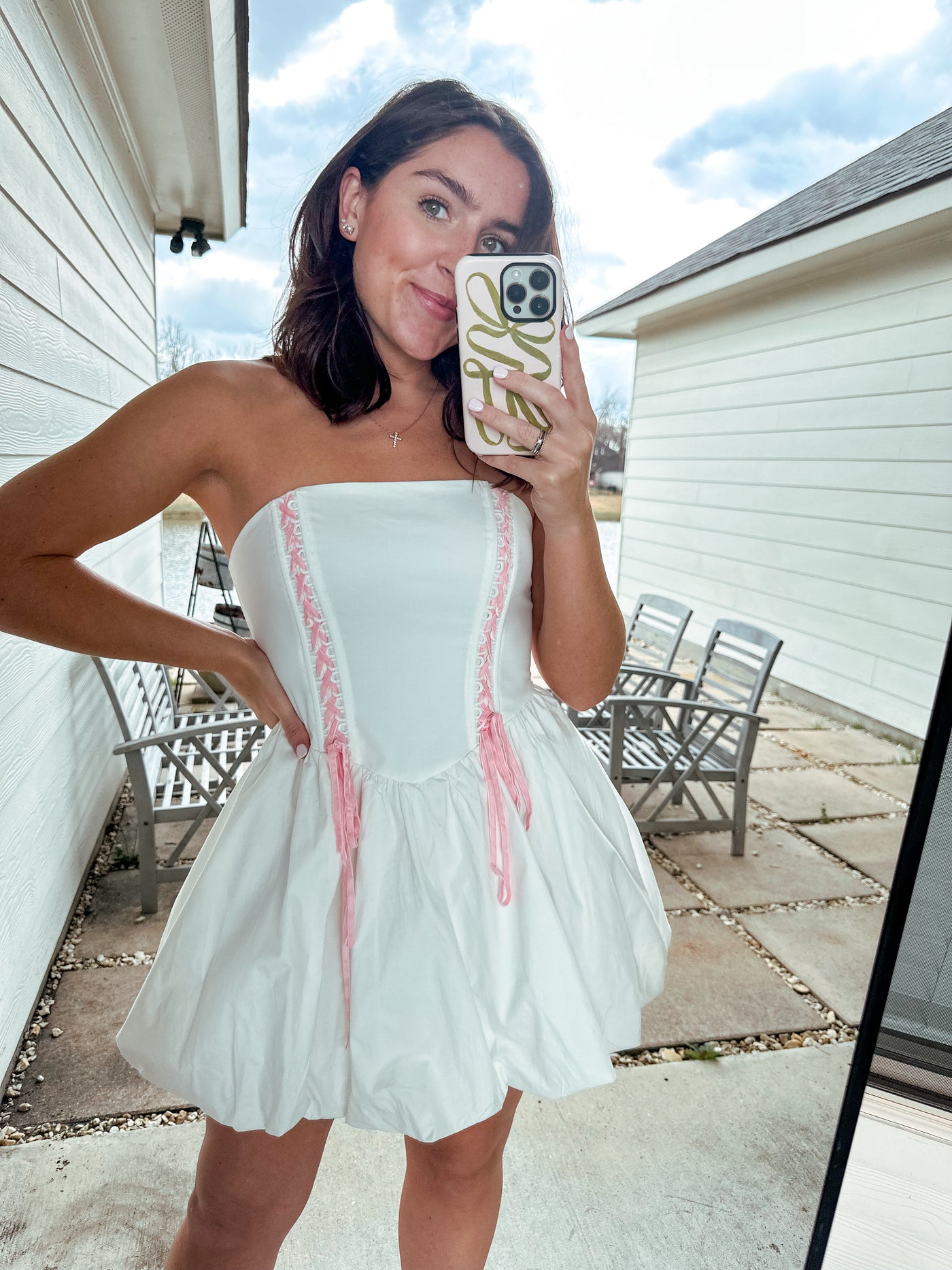 Lace Up Bubble Dress - White/Pink