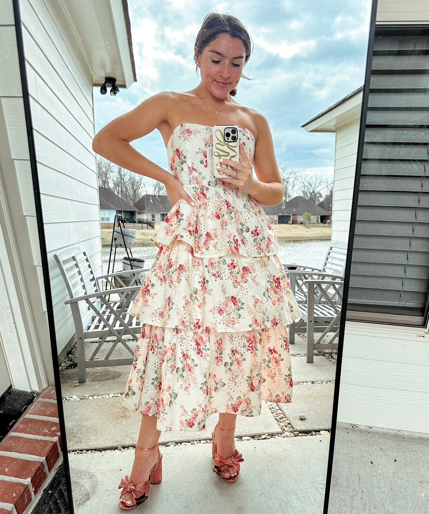 Floral & Eyelet Tiered Midi Dress