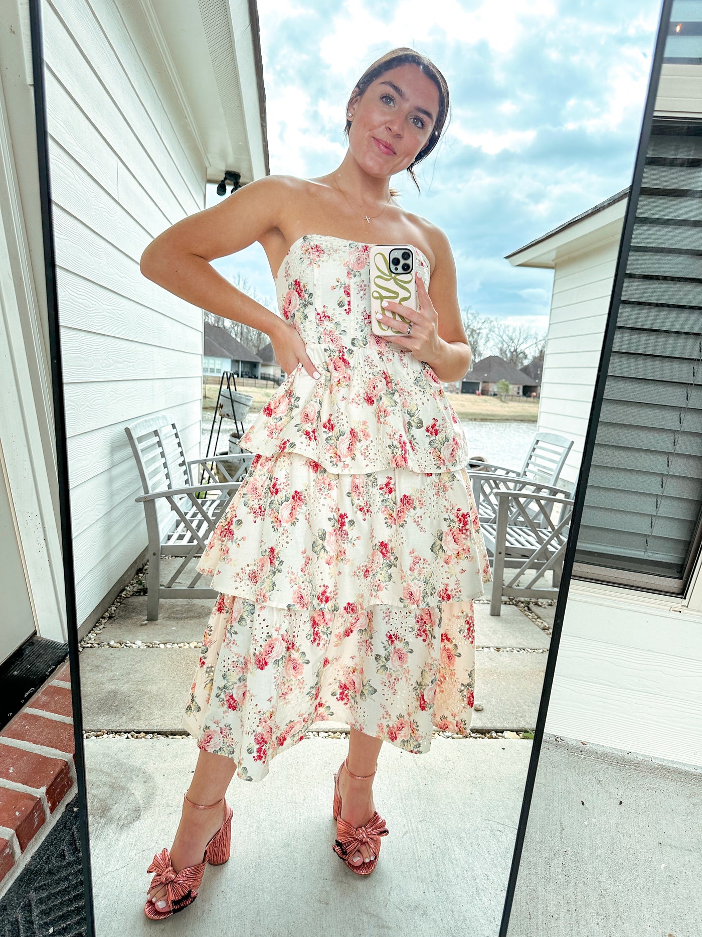 Floral & Eyelet Tiered Midi Dress