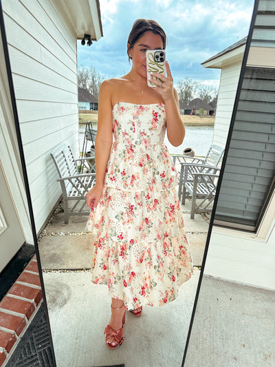 Floral & Eyelet Tiered Midi Dress