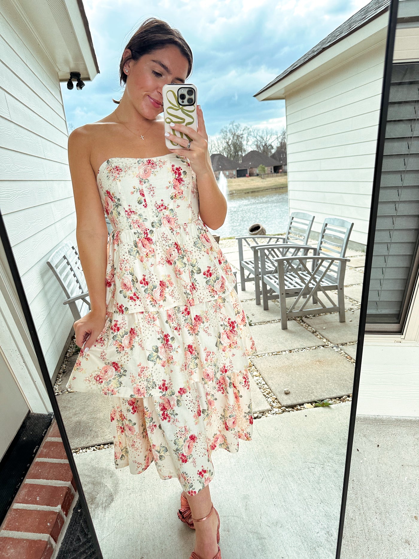 Floral & Eyelet Tiered Midi Dress