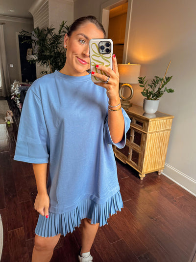 Pleated T-Shirt Dress - Blue