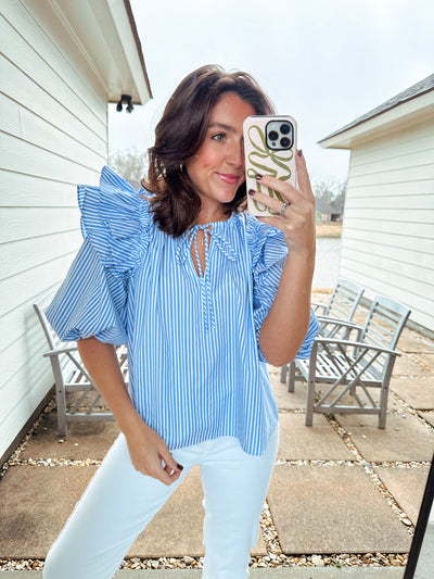 Ruffle Puff Sleeve Top - Blue