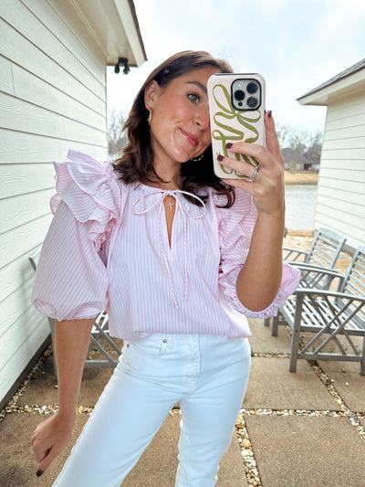 Ruffle Puff Sleeve Top - Pink