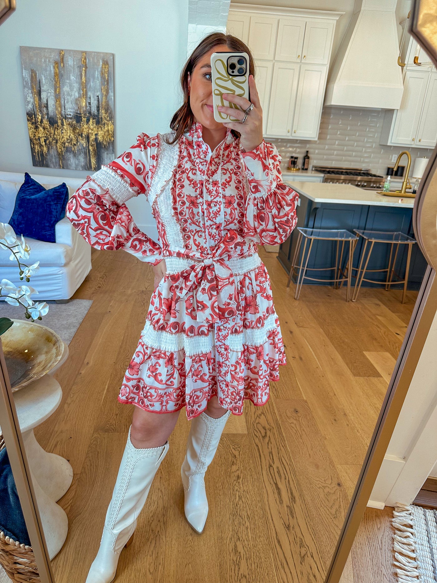 Paisley Long Sleeve Mini Dress - Red/White