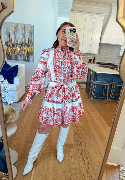 Paisley Long Sleeve Mini Dress - Red/White