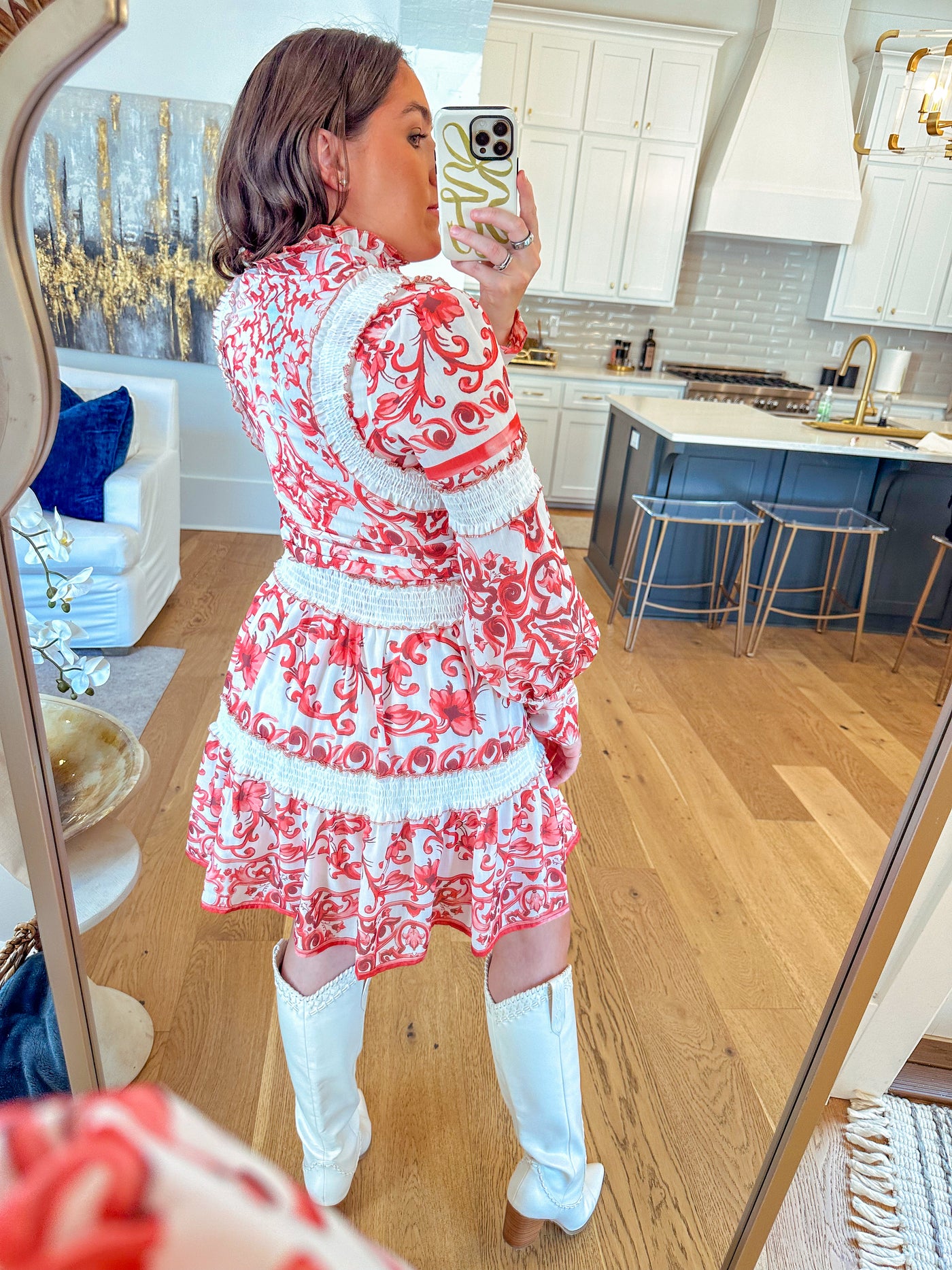 Paisley Long Sleeve Mini Dress - Red/White