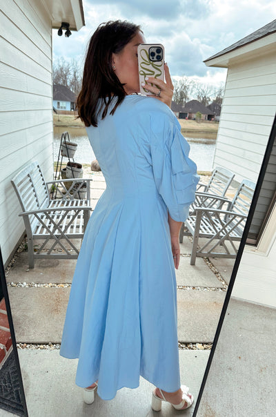 Statement Sleeve Midi Dress - Blue