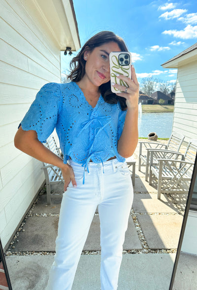 Eyelet Front Tie Top - Light Blue