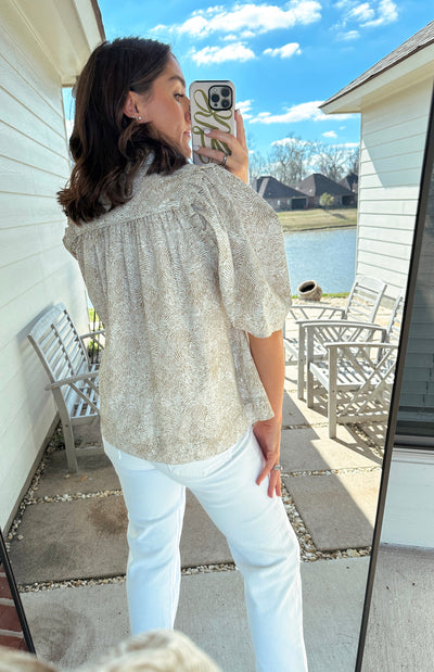 Printed Puff Sleeve Top - Taupe