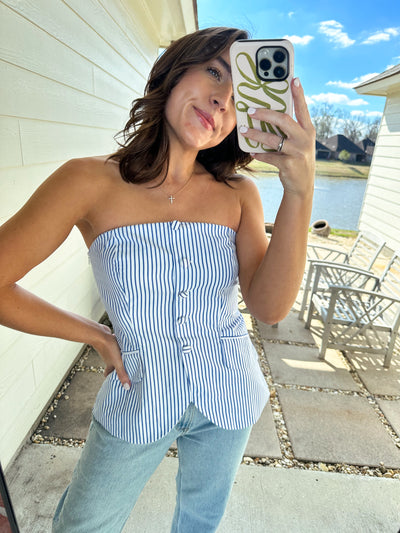 Strapless Button Down Top - Blue/White Stripe