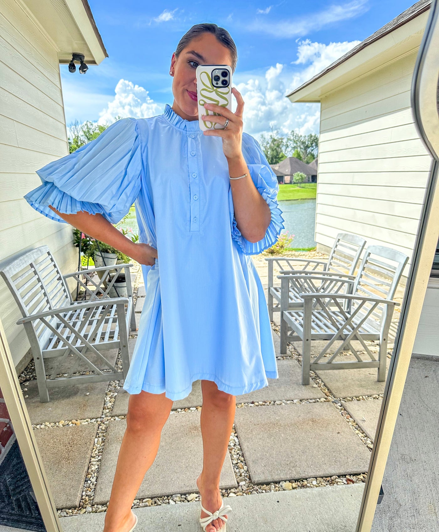 Pleated Sleeve Mini Dress - Blue