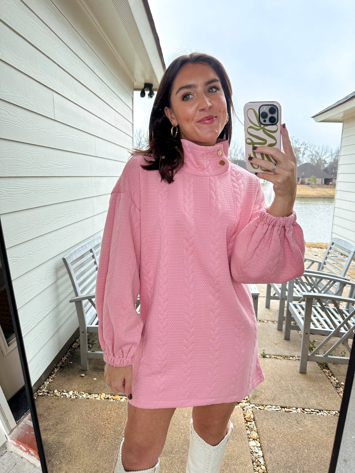 High Neck Mini Sweater Dress - Pink