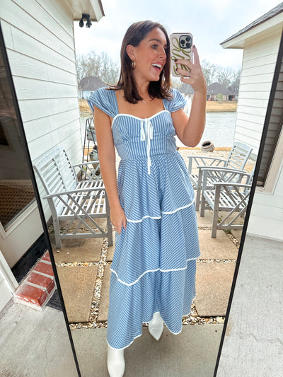 Tiered Midi Dress - Blue/White