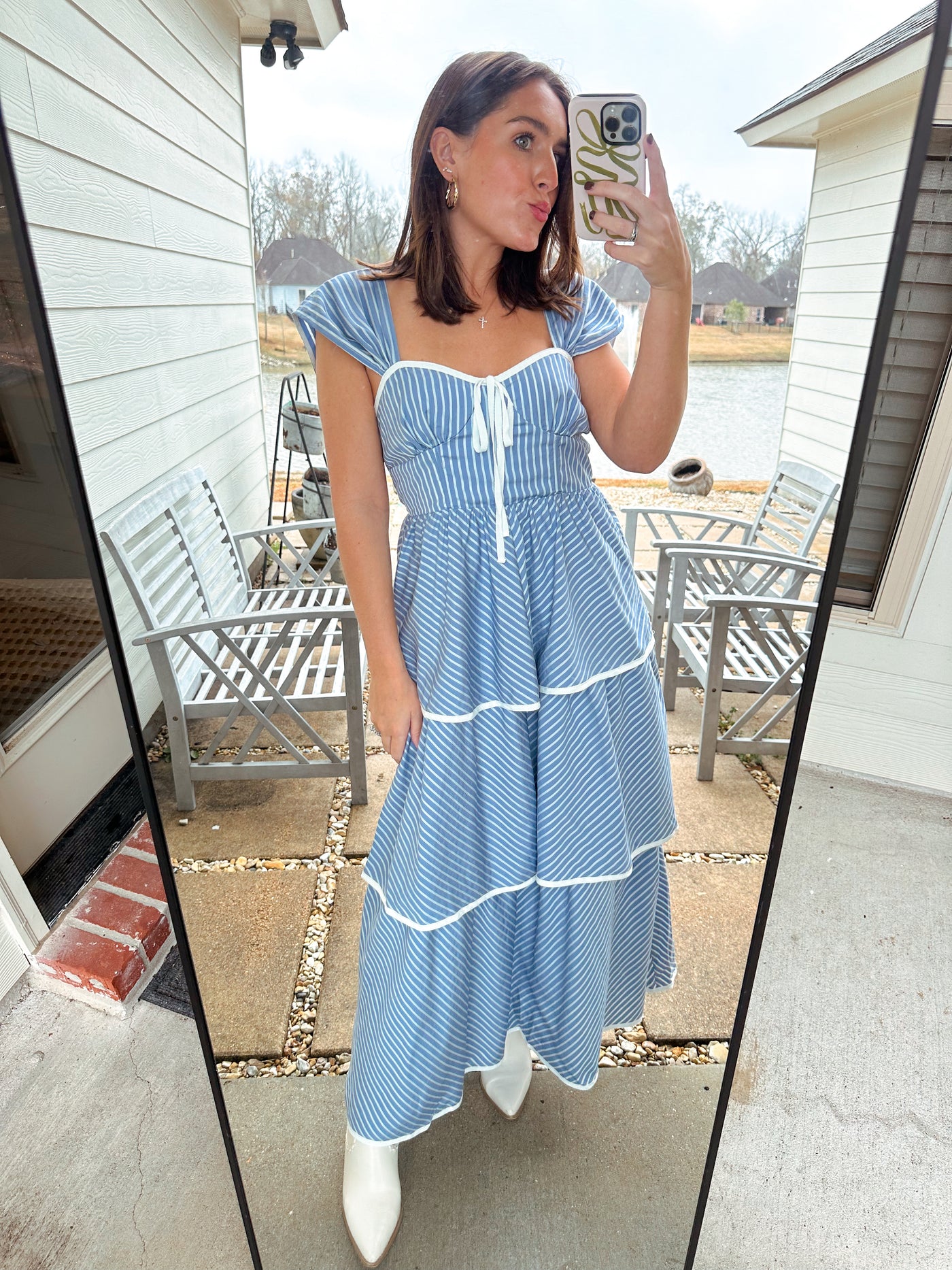 Tiered Midi Dress - Blue/White