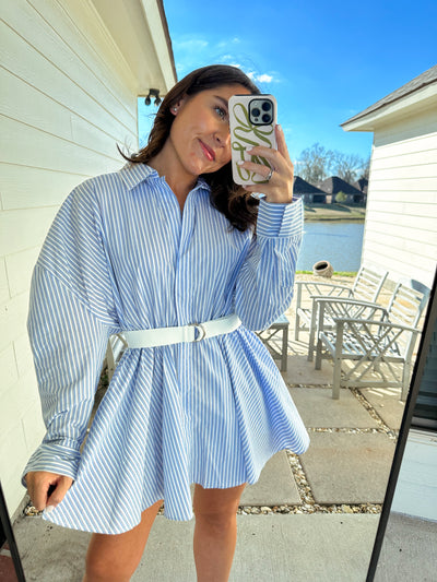 Preppy Belted Dress - Blue/White Stripe