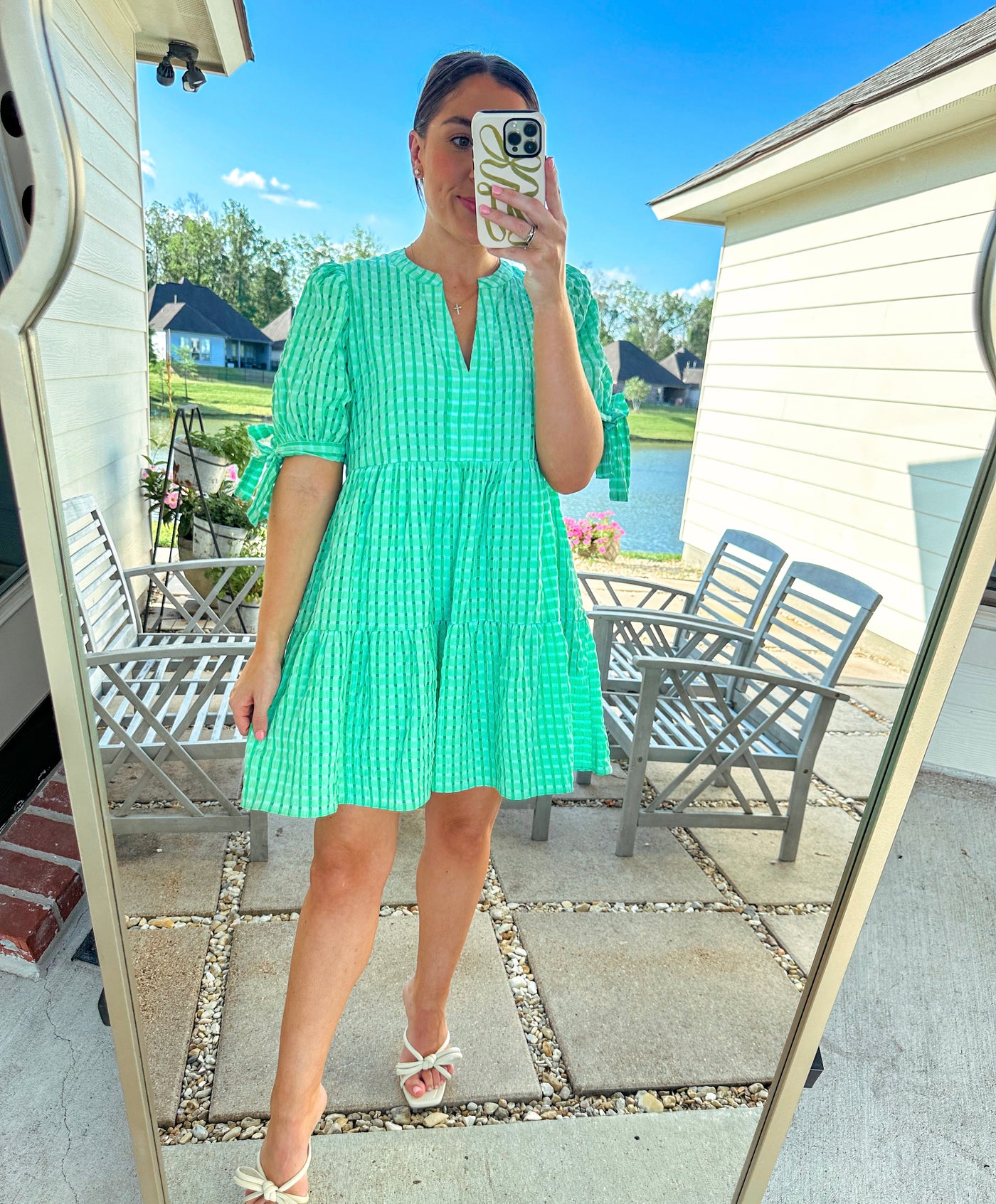 Gingham Tiered Mini Dress - Green