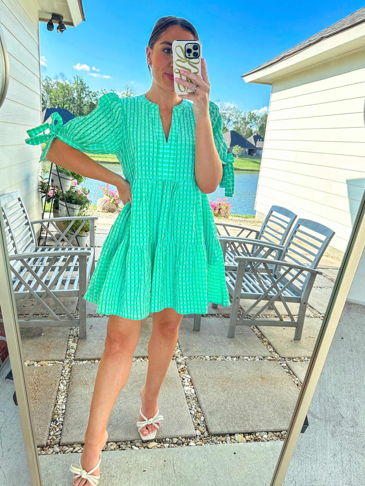 Gingham Tiered Mini Dress - Green