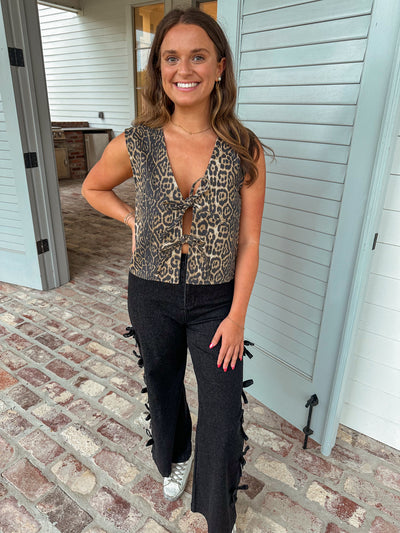 Front Tie Denim Top - Animal Print