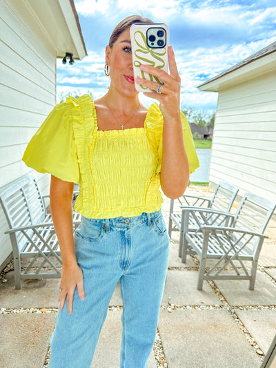 Smocked Puff Sleeve Top - Yellow