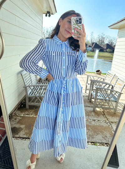 Striped Colorblock Maxi Dress - Blue