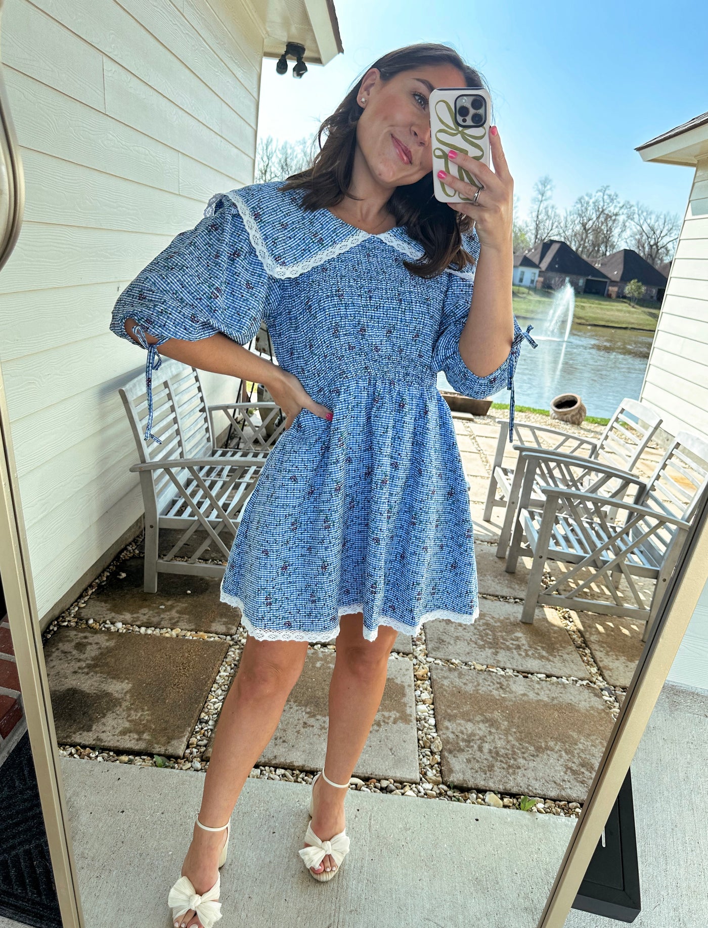 Oversized Collar Smocked Mini Dress - Blue