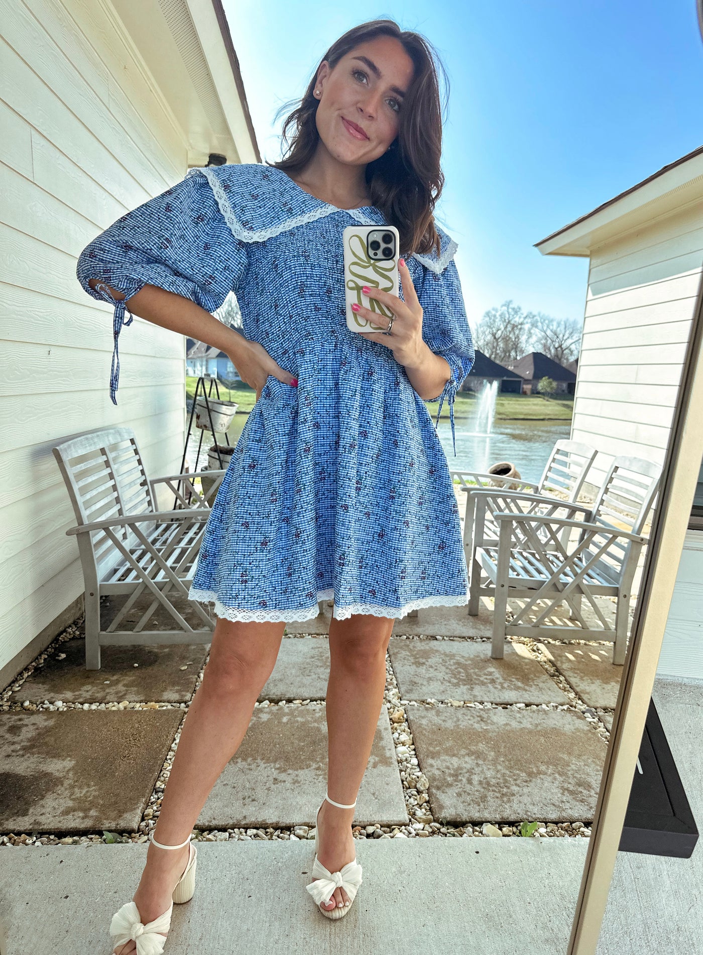 Oversized Collar Smocked Mini Dress - Blue