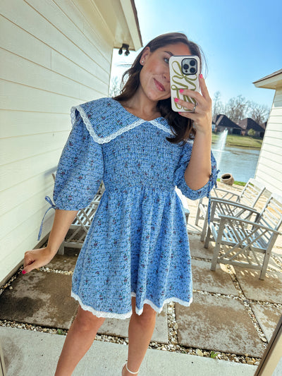 Oversized Collar Smocked Mini Dress - Blue