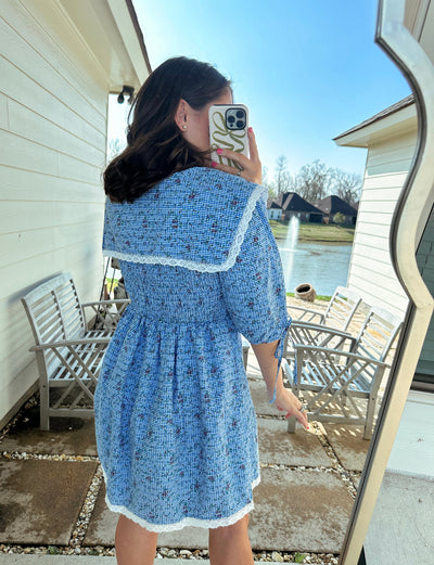 Oversized Collar Smocked Mini Dress - Blue