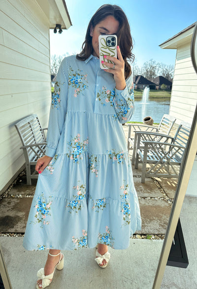 Striped Floral Long Sleeve Dress