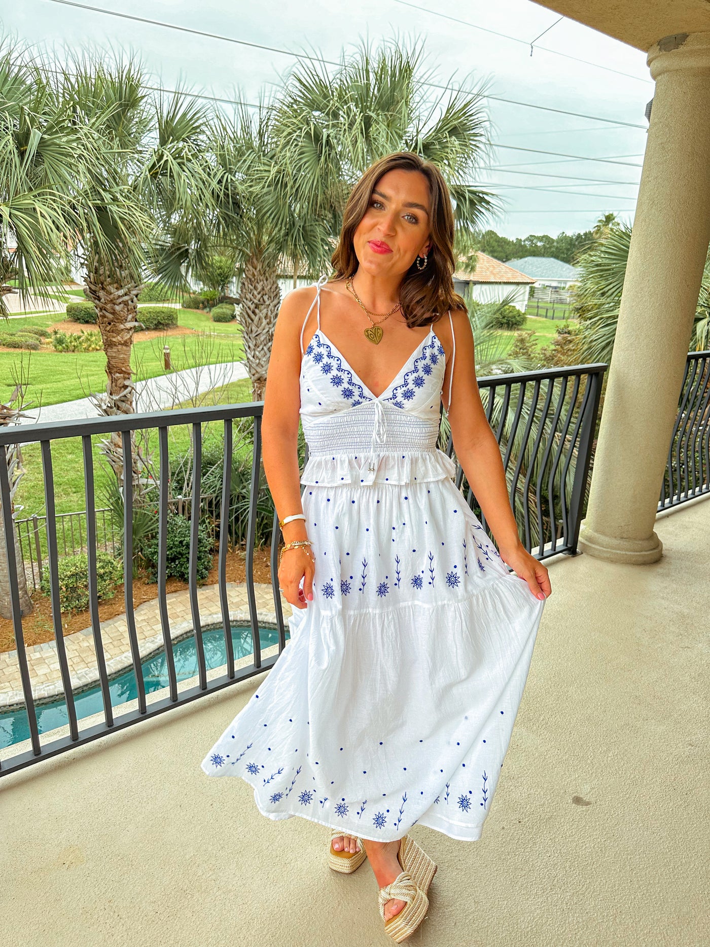 Embroidered Floral Maxi Skirt - White/Blue