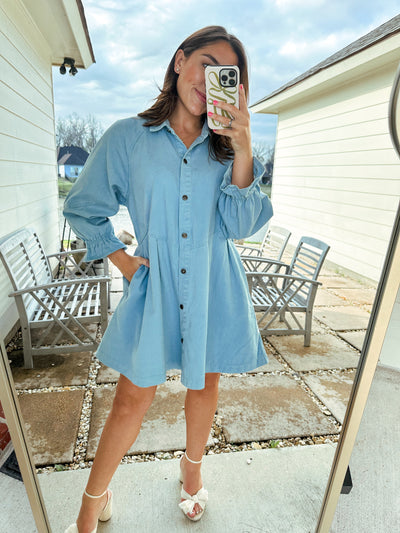 Denim Button Down Dress - Blue