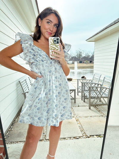 Floral Babydoll Mini Dress - Blue/White