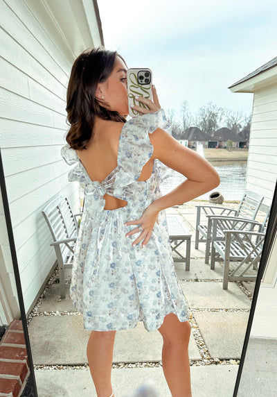 Floral Babydoll Mini Dress - Blue/White