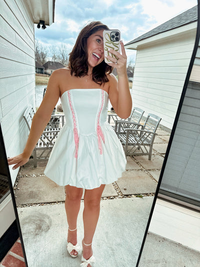 Lace Up Bubble Dress - White/Pink