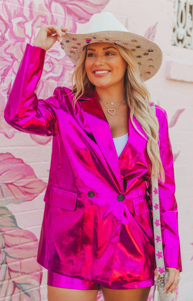 BuddyLove Oversized Metallic Blazer - Pink Metallic Blazer