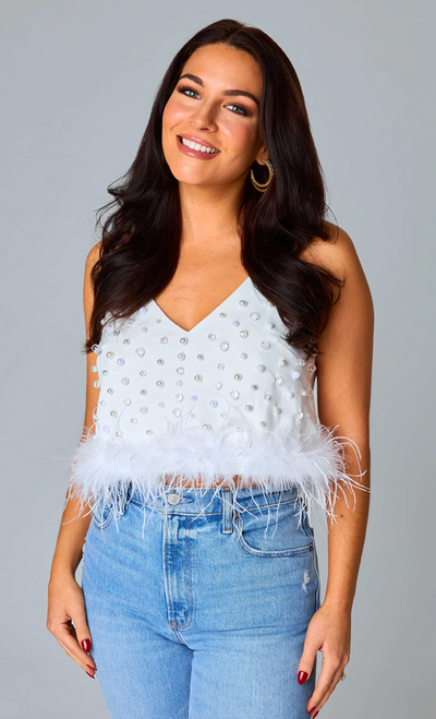 The BuddyLove Seraphina Tank Top is a white tank top with feather trim from designer favorite BuddyLove.