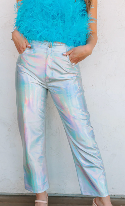 The BuddyLove Travolta Pants sold by Shop Silvs are iridescent metallic pants by designer favorite BuddyLove. 
