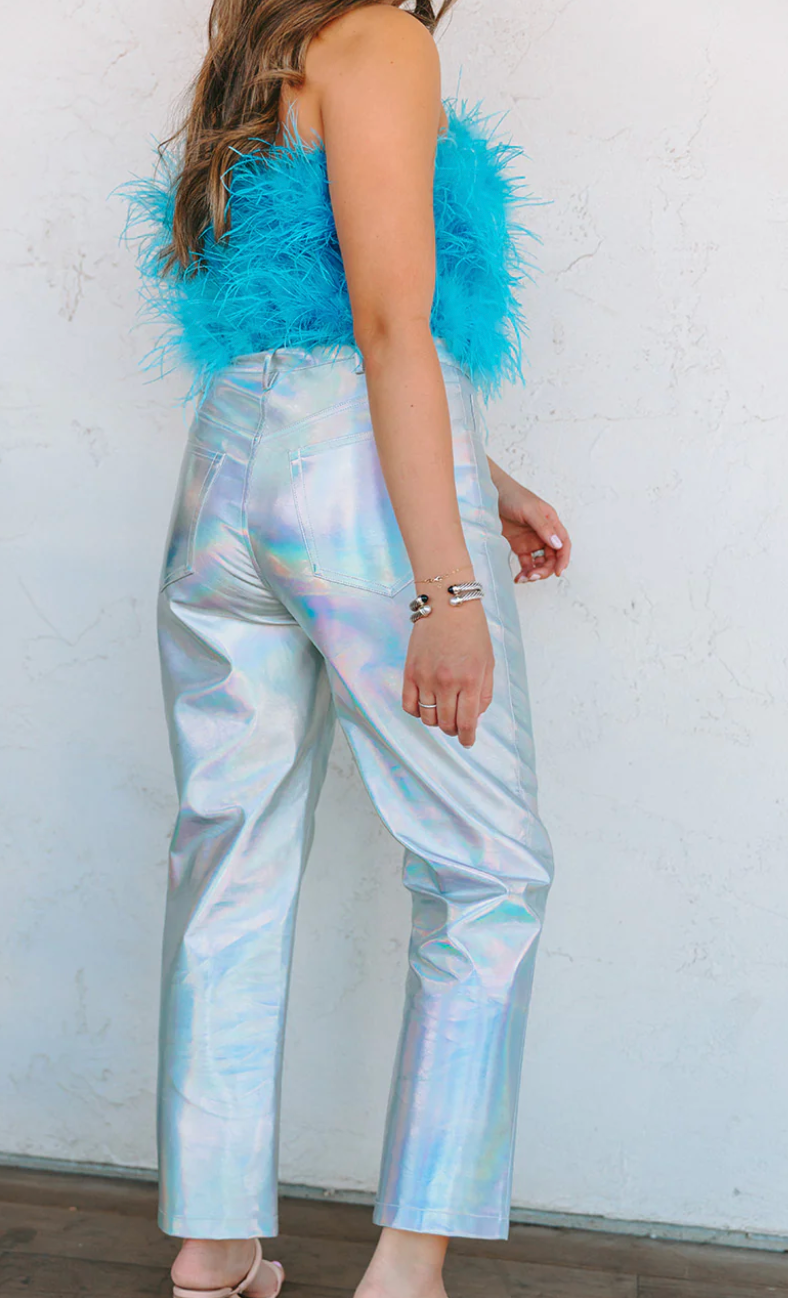 Pair these iridescent metallic pants with just about any color top for the perfect look.
