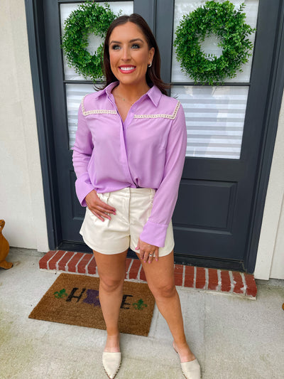 This purple v-neck button down shirt is perfect for spring.