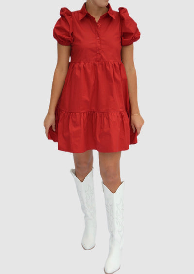 Puff Sleeve Shirt Dress - Red